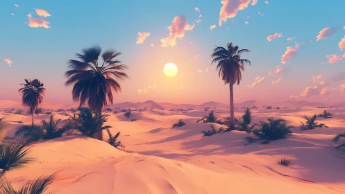 Palm-dotted desert dunes under low sun and clear sky.