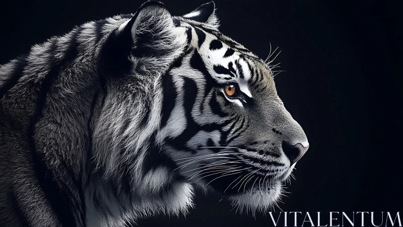 Photorealistic profile study of white tiger under low-key light.