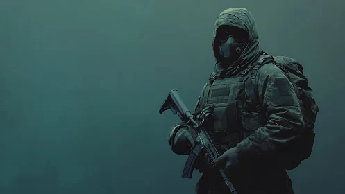 Shrouded sentry breathes calmly inside teal industrial gloom