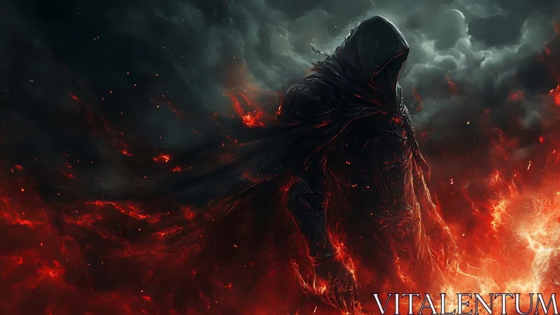 Shadowed firewalker rising from stormlit embers of night.