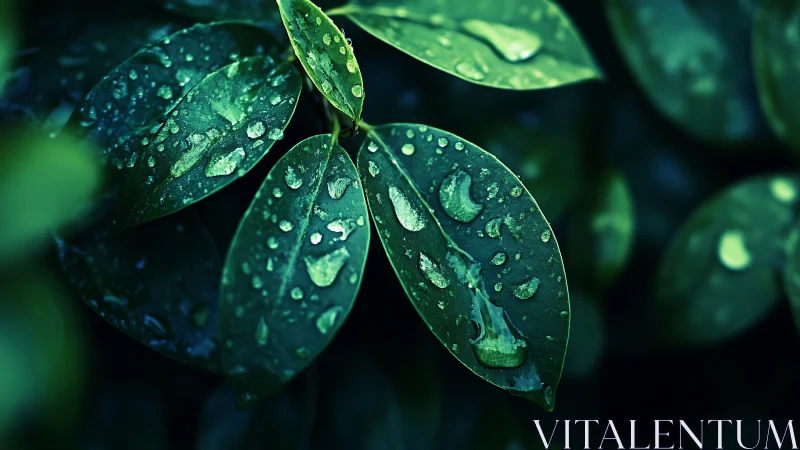 Rain-kissed emerald leaves glimmer in twilight hush.