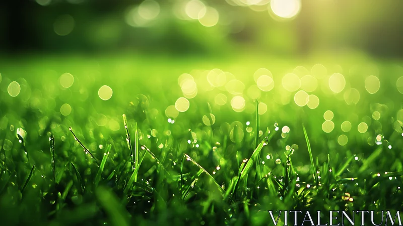 Morning dew on vivid grass under soft golden bokeh light.