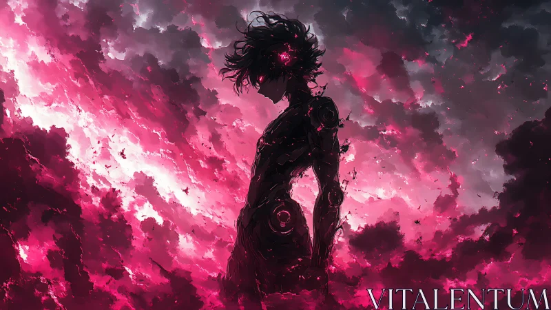 Cybernetic silhouette in magenta storm cloud turbulence field.
