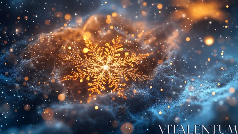 Golden snowflake glows in a swirling cosmic winter storm