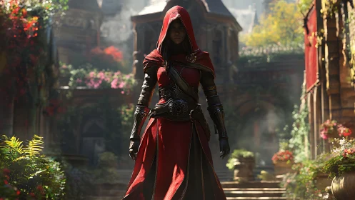 Hooded rogue strides through sunlit overgrown courtyard.