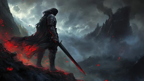 Dark knight surveys burning wasteland under storm clouds.