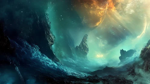 Alien ocean basin with jagged rock spires and nebula sky.