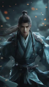 Stormborn swordsman in teal robes amid emberlit twilight.