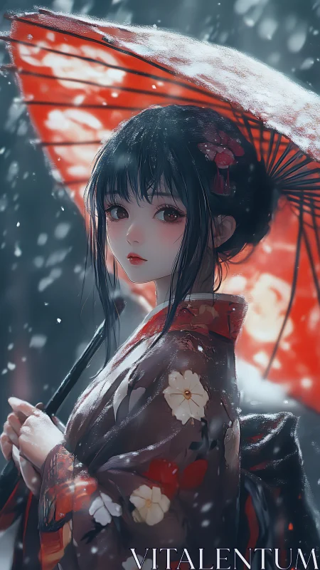 Snow-dusted red umbrella frames a serene kimono girl.