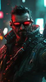 Cybernetic urban operative with neon visor and tactical gear.