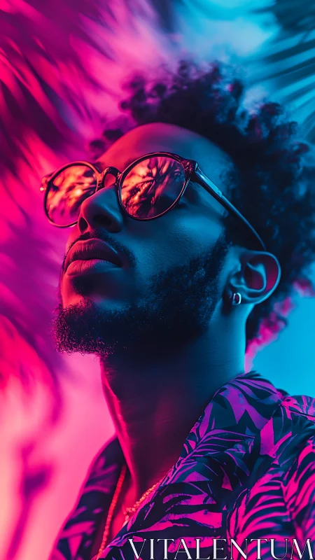 Neon tropical portrait under vivid magenta cyan light.