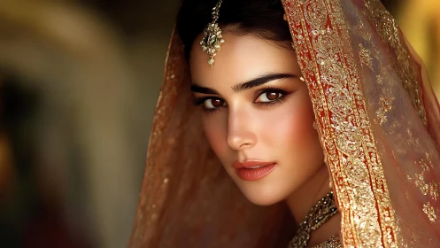 Bride gazes forward under ornate embroidered veil