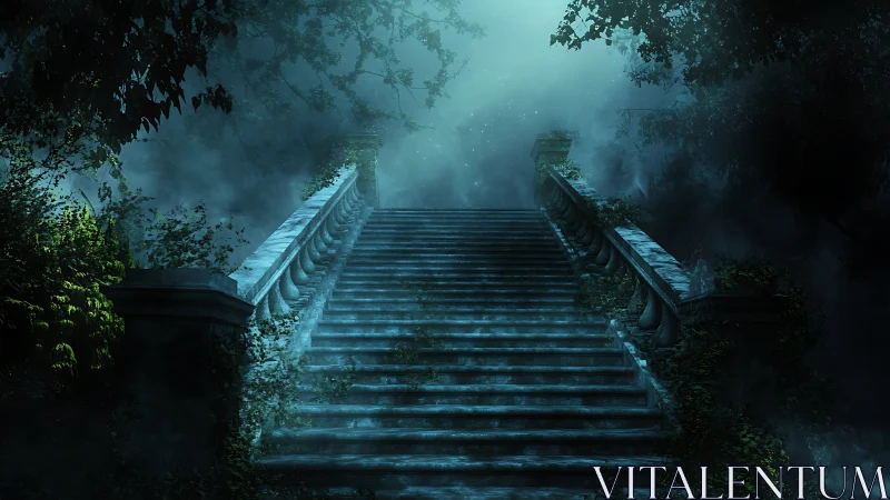 Misty stone staircase rising into a dark, overgrown forest.
