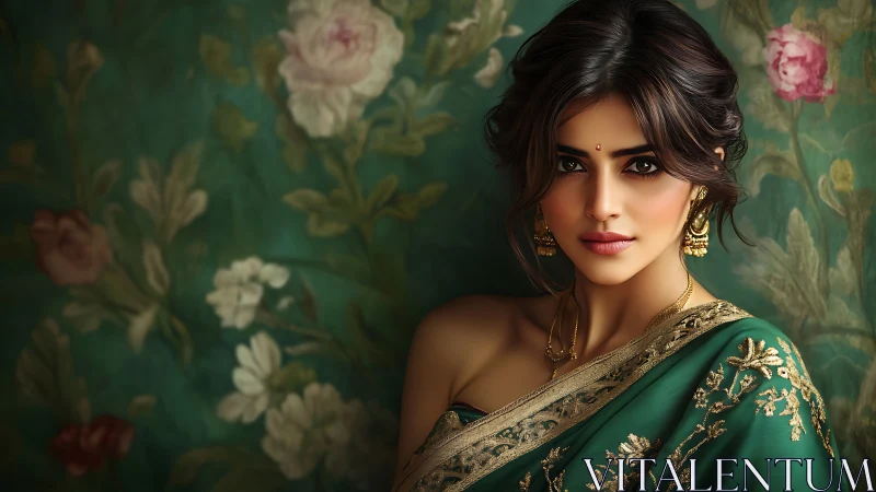 Elegant woman in green sari with gold jewelry, floral art portrait.