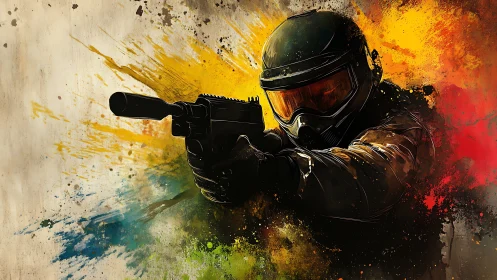 Paint-splashed commando freezes mid-blast of liquid chaos