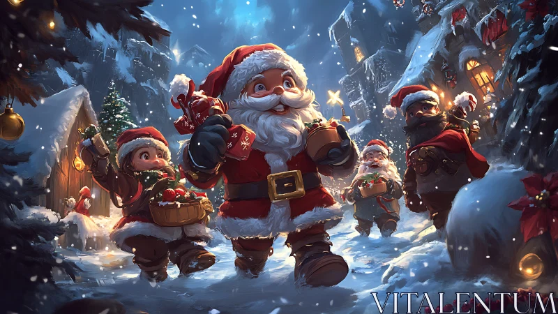 Joyful little Santas stroll through a glowing snowy village