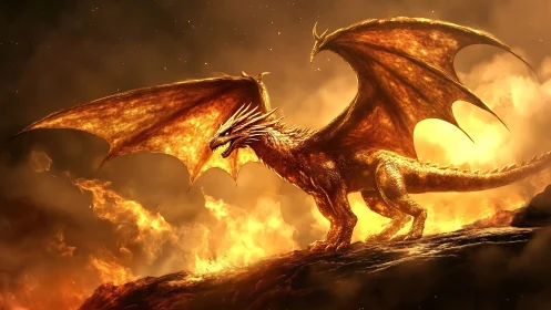 Fiery two headed dragon standing in molten landscape.