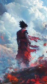 Storm-shouldered warrior studies the burning sky for omens