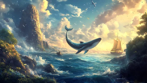 Soaring whale arcs above sunlit seascape at golden dawn