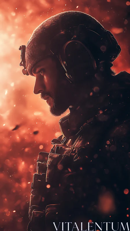 Tactical soldier profile in ember-lit cinematic portrait.