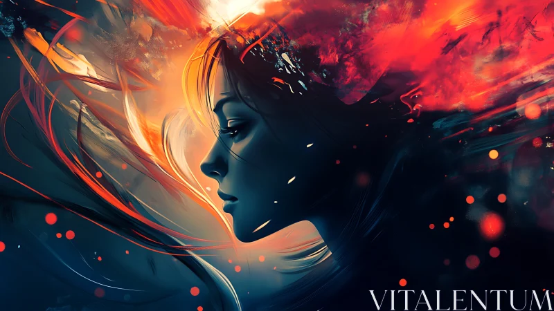 Ember-thoughts drift as a painted cosmos crowns her profile