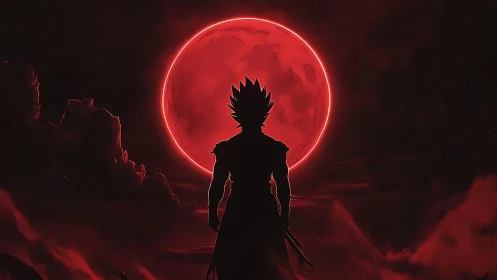 Lone anime warrior confronts a blazing crimson moon sky