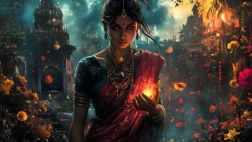 Fire-wreathed priestess walks through stormlit temple gardens