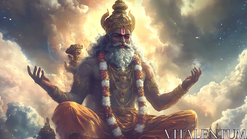 Divine sage figure meditating in glowing celestial clouds.