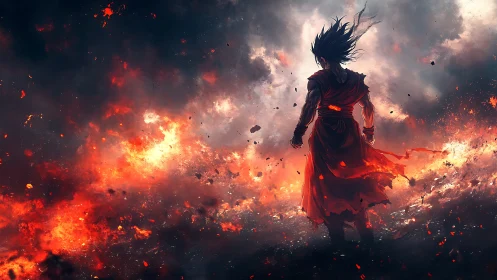 Backlit warrior silhouette in explosive inferno cloudscape field