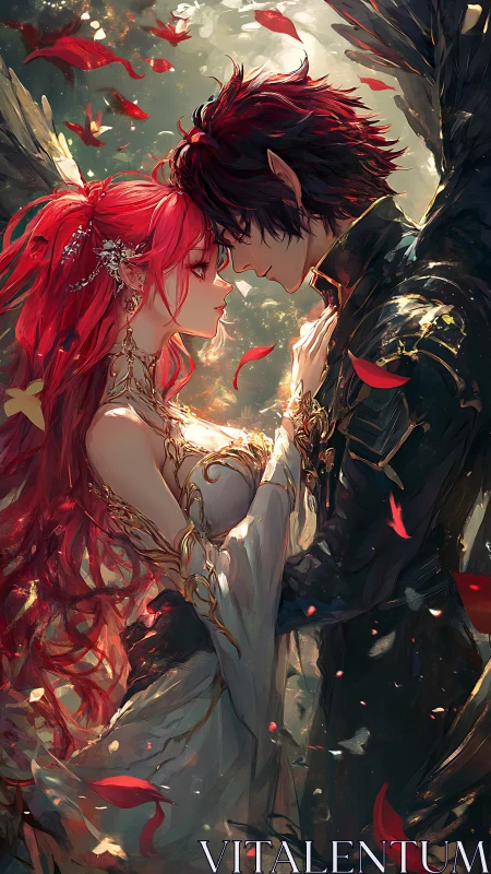 Star-crossed winged lovers amid swirling crimson petals.
