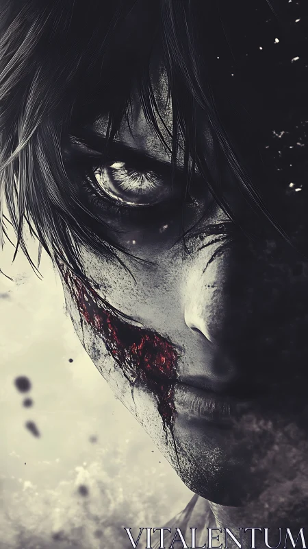 Half-lit wounded face with intense eye and dark mood.