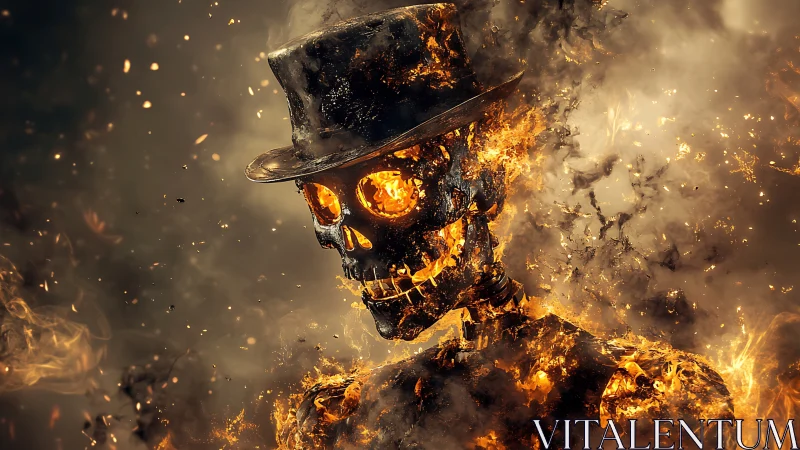 Burning skeletal figure in a top hat emerges from flames.