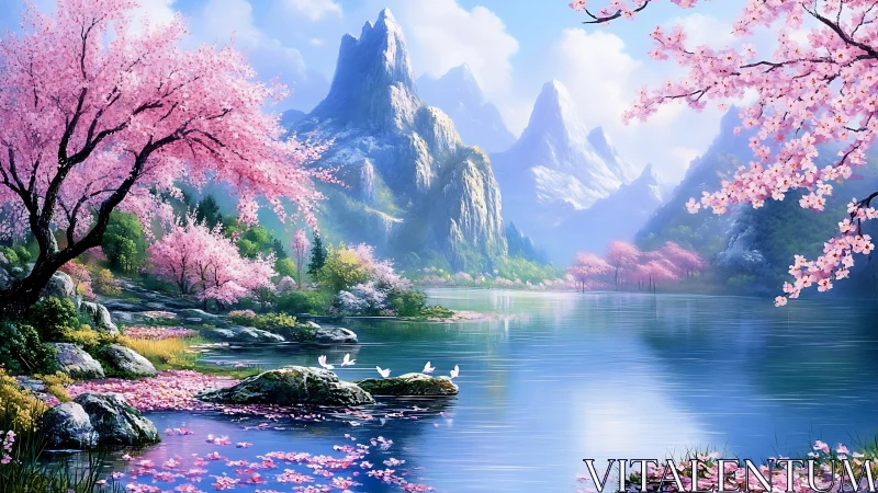 Blossom-laced mountains cradle a glassy springtime lake.
