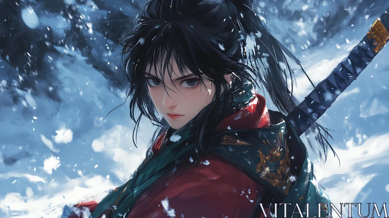 Focused swordsman in snowy landscape with intense gaze.