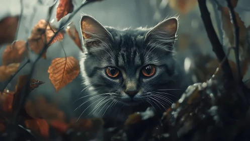 Black Cat with Amber Eyes Among Autumn Leaves.
