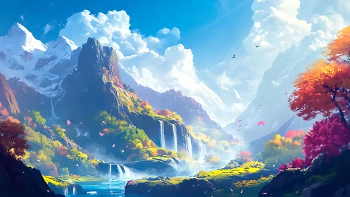 Waterfalls sew bright ribbons through a dreamlit mountain valley