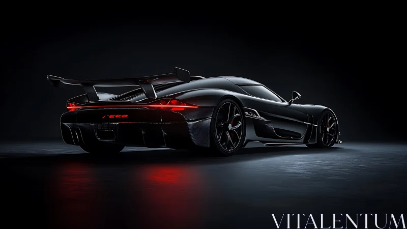 Photorealistic hypercar rear profile in cinematic low key lighting.