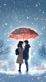 Two Hearts, One Umbrella in Winter Snow.