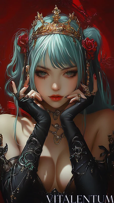 Enchanting teal haired queen in gothic crimson glow.