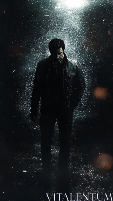 Lone figure in rainlit alley under harsh overhead light.