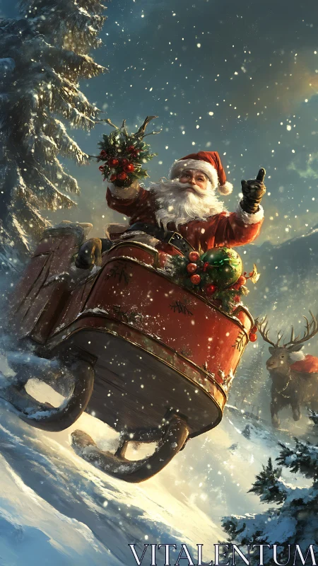 Santa rides through a sparkling snowy forest night.