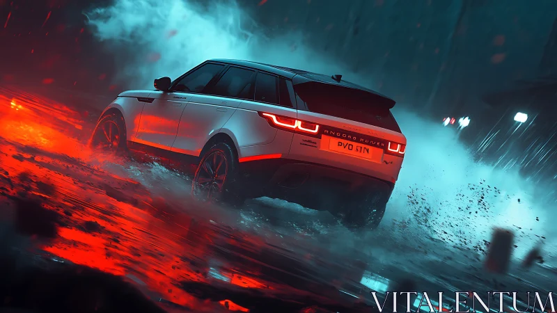 Sport SUV drifting through neon rainstorm at night.