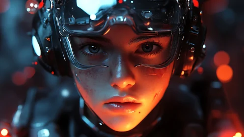 Close portrait of cybernetic soldier in glowing headset gear.