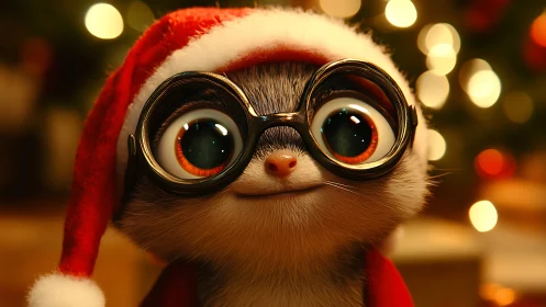 Wide-eyed festive creature in Santa hat with bokeh lights.