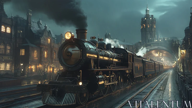 Steam locomotive stitches rainy city into glowing rails