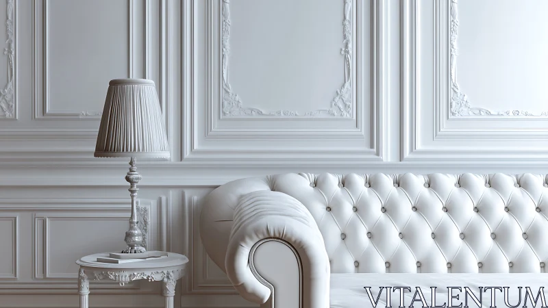 Elegant white tufted sofa anchors a serene neoclassical room