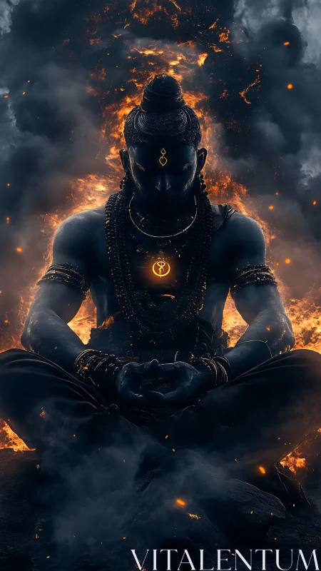 Meditative blue figure in firelit smoke with glowing symbols.