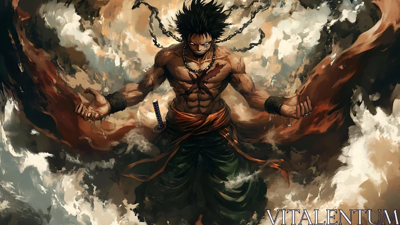 Muscular chained warrior levitates in swirling painted clouds