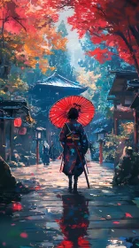 Digital painting of samurai under vermilion umbrella in shrine street.