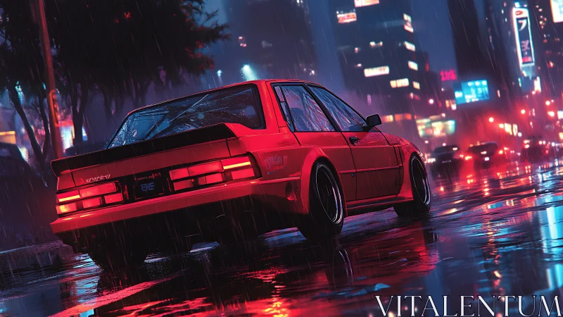 Retro sports coupe rendered in neon-soaked cyberpunk rain street